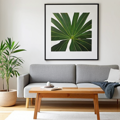 **

A brightly lit, minimalist living room with white walls, a light wood floor, and a simple grey sofa. A single, framed piece of abstract art hangs on the wall. A green plant sits on a low wooden table. Focus on clean lines and a sense of calm. Style: Muji-inspired, natural light, high-resolution photography.

**