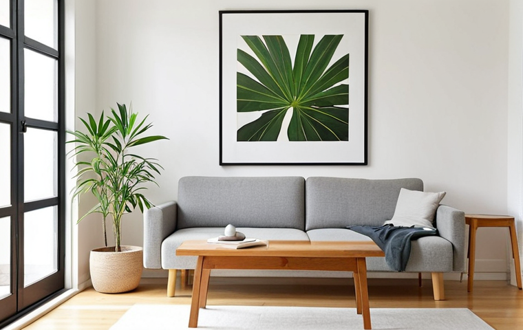 **

A brightly lit, minimalist living room with white walls, a light wood floor, and a simple grey sofa. A single, framed piece of abstract art hangs on the wall. A green plant sits on a low wooden table. Focus on clean lines and a sense of calm. Style: Muji-inspired, natural light, high-resolution photography.

**