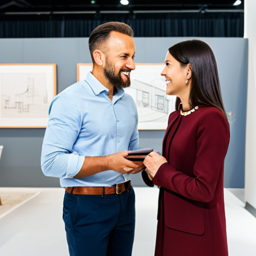 A professional home stylist, fully clothed in a modest business casual dress, engaged in an enthusiastic conversation with a male architect at a modern design exhibition booth. They are standing near elegant furniture and design sketches, both looking at a tablet displaying interior plans. The setting is bright and spacious, with soft, natural light. The atmosphere is collaborative and professional. perfect anatomy, correct proportions, natural pose, well-formed hands, proper finger count, natural body proportions, appropriate attire, professional dress, safe for work, appropriate content, professional, family-friendly, high-resolution, detailed, realistic, studio lighting.