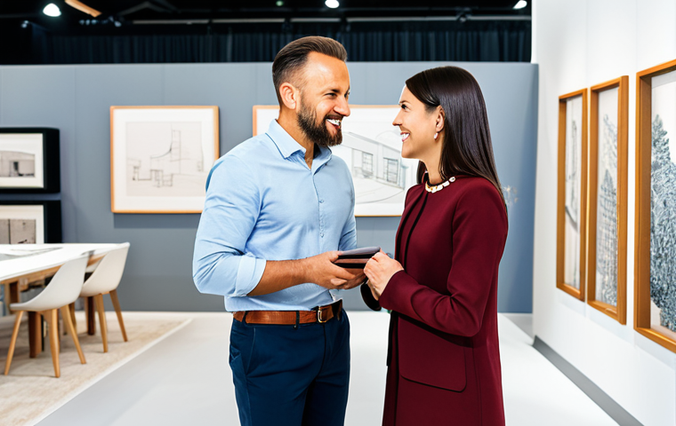A professional home stylist, fully clothed in a modest business casual dress, engaged in an enthusiastic conversation with a male architect at a modern design exhibition booth. They are standing near elegant furniture and design sketches, both looking at a tablet displaying interior plans. The setting is bright and spacious, with soft, natural light. The atmosphere is collaborative and professional. perfect anatomy, correct proportions, natural pose, well-formed hands, proper finger count, natural body proportions, appropriate attire, professional dress, safe for work, appropriate content, professional, family-friendly, high-resolution, detailed, realistic, studio lighting.