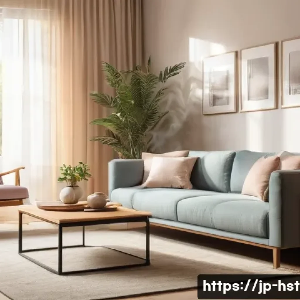 홈스타일리스트를 위한 사진 촬영 기법 - A cozy, modern living room interior bathed in soft, natural morning light filtering through sheer cu...