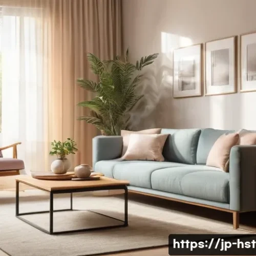 홈스타일리스트를 위한 사진 촬영 기법 - A cozy, modern living room interior bathed in soft, natural morning light filtering through sheer cu...