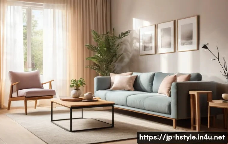 홈스타일리스트를 위한 사진 촬영 기법 - A cozy, modern living room interior bathed in soft, natural morning light filtering through sheer cu...
