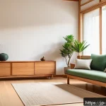 홈스타일링과 공간 심리학 - A serene Japanese-style living room interior featuring natural wood furniture with warm, oil-finishe...