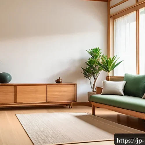 홈스타일링과 공간 심리학 - A serene Japanese-style living room interior featuring natural wood furniture with warm, oil-finishe...