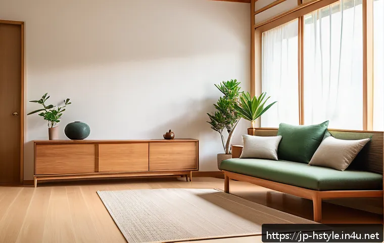 홈스타일링과 공간 심리학 - A serene Japanese-style living room interior featuring natural wood furniture with warm, oil-finishe...