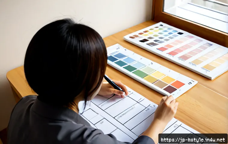 홈스타일리스트가 알아야 할 중점 과목 - Photorealistic Japanese home stylist studying essential interior design subjects at a clean wooden d...