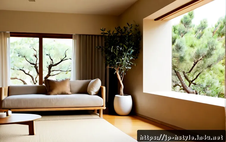 홈스타일리스트가 알아야 할 최신 트렌드 - Photorealistic contemporary Japanese living room styled with warm minimalism, low modular sofa in so...